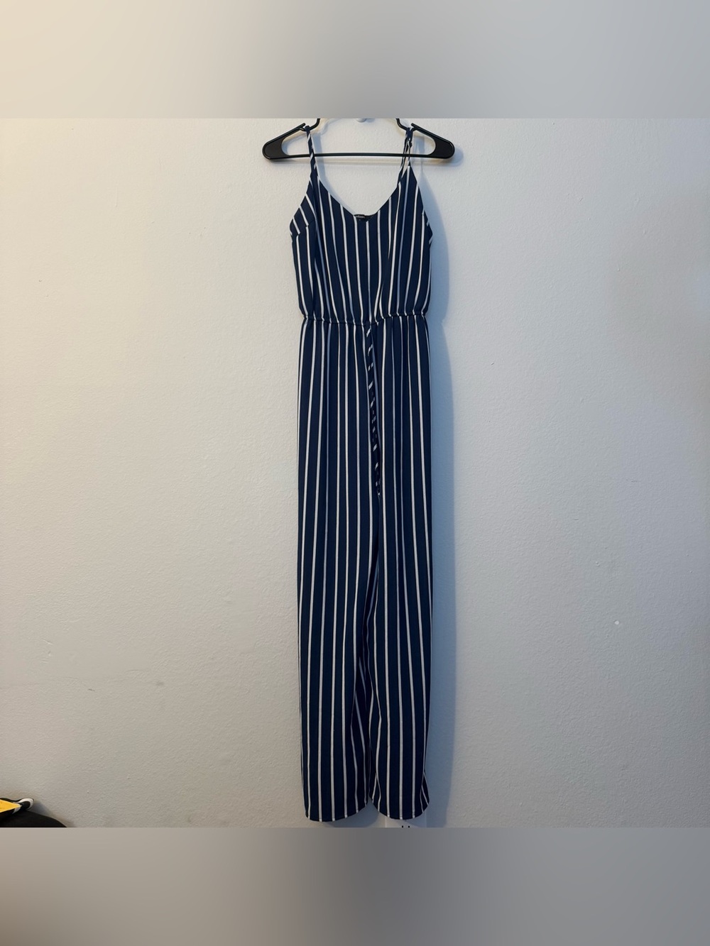 Ambiance Navy and White Vertical Stripe Sleeveless Jumpsuit